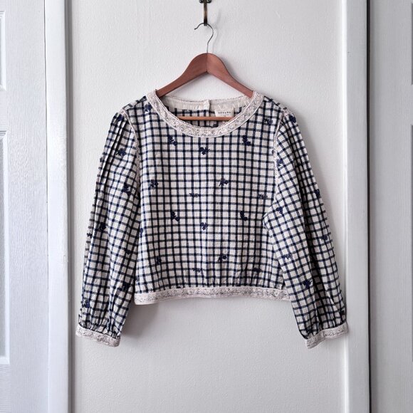 Sezane Thalyna Blouse Blue Floral Embroidery on Vichy Fabric - Picture 4 of 10